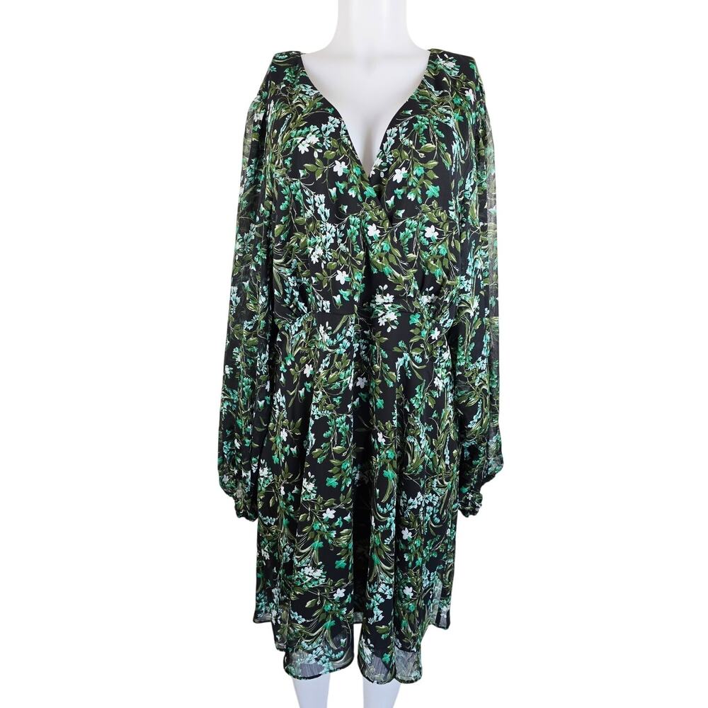 City Chic Naomi Floral Pretty Bells Faux Wrap Sheer Long Sleeve Dress XL 22 NWT